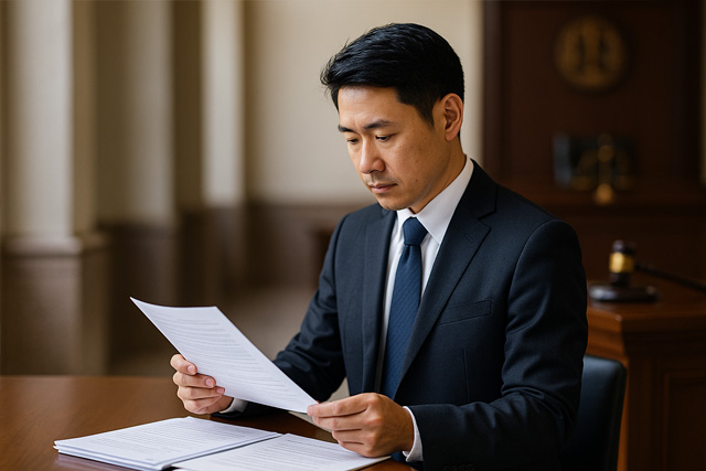 裁判書類を手に本人訴訟を検討する男性の写真