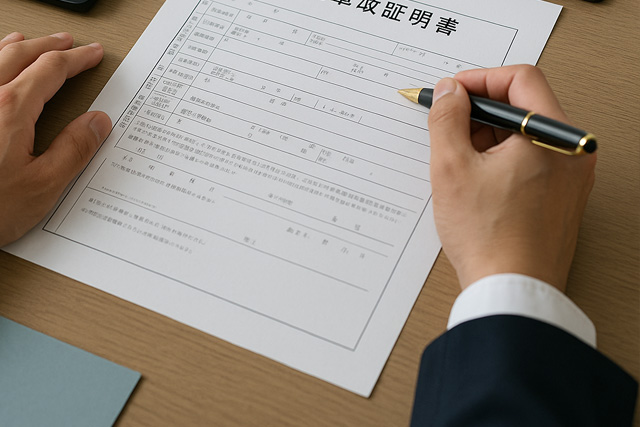 交通事故証明書に記入する様子